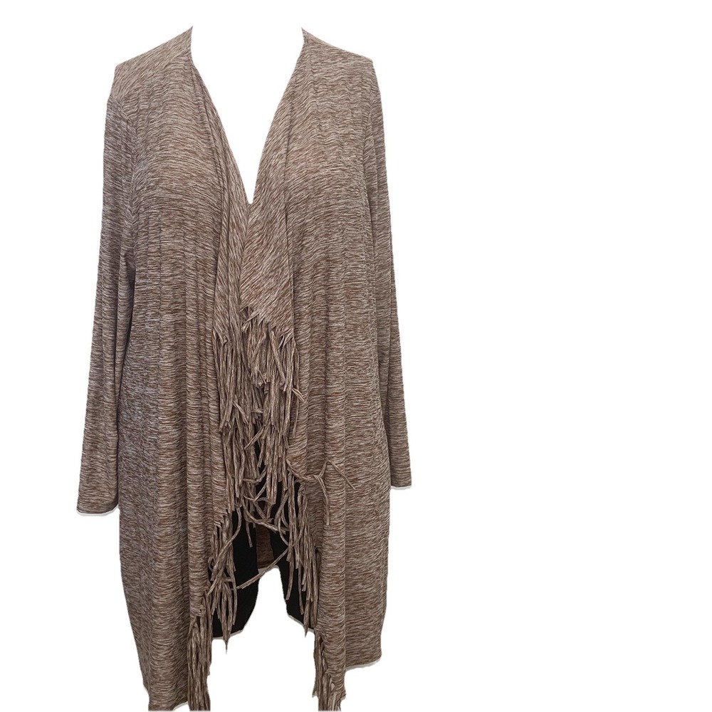 Attitudes Long Line Fringe Cardigan Pockets 3X Brown Stretch Knit Light Weight